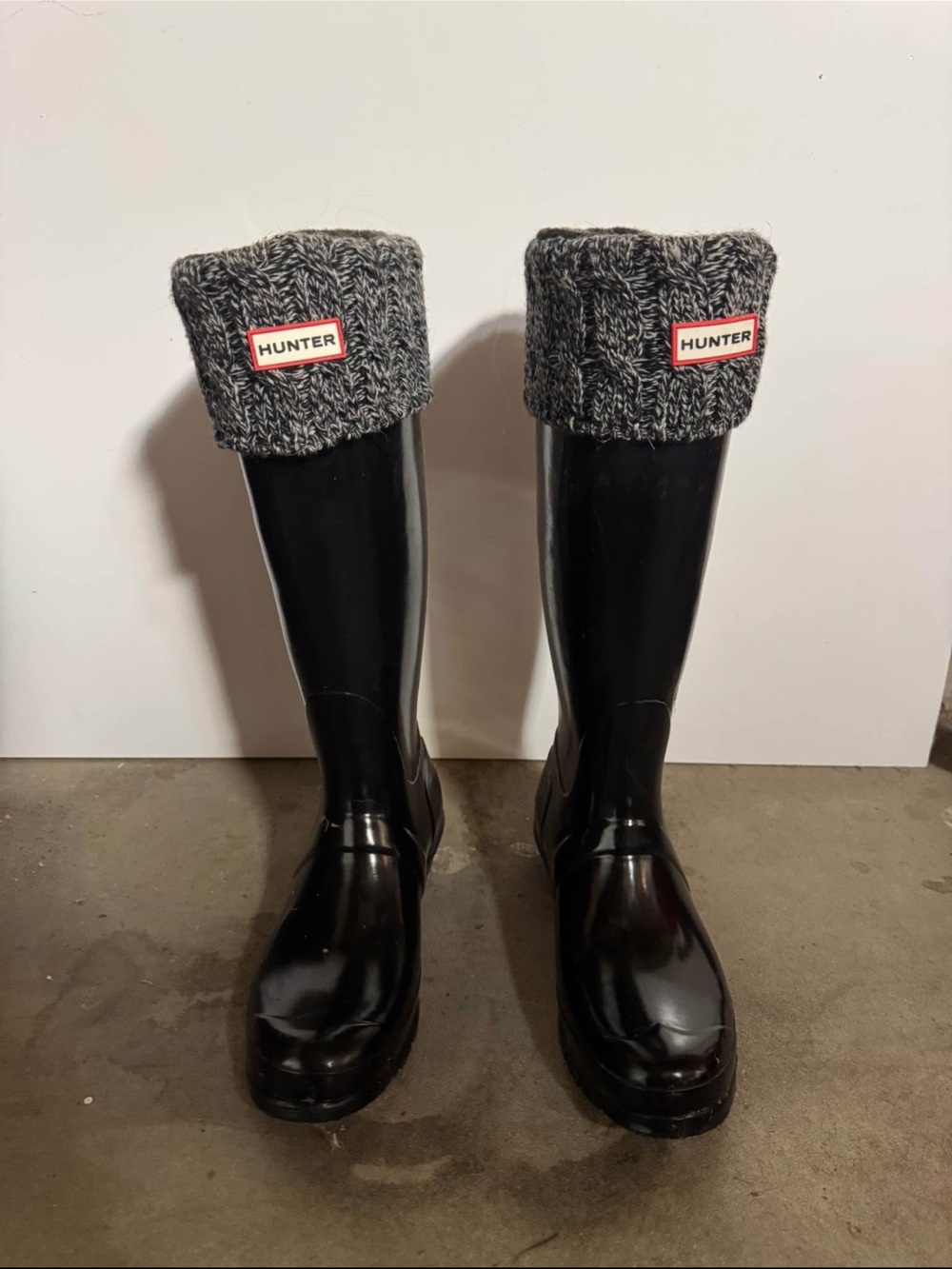 Hunter Black Gloss Tall Rain Boots with Gray Knit Cuffs